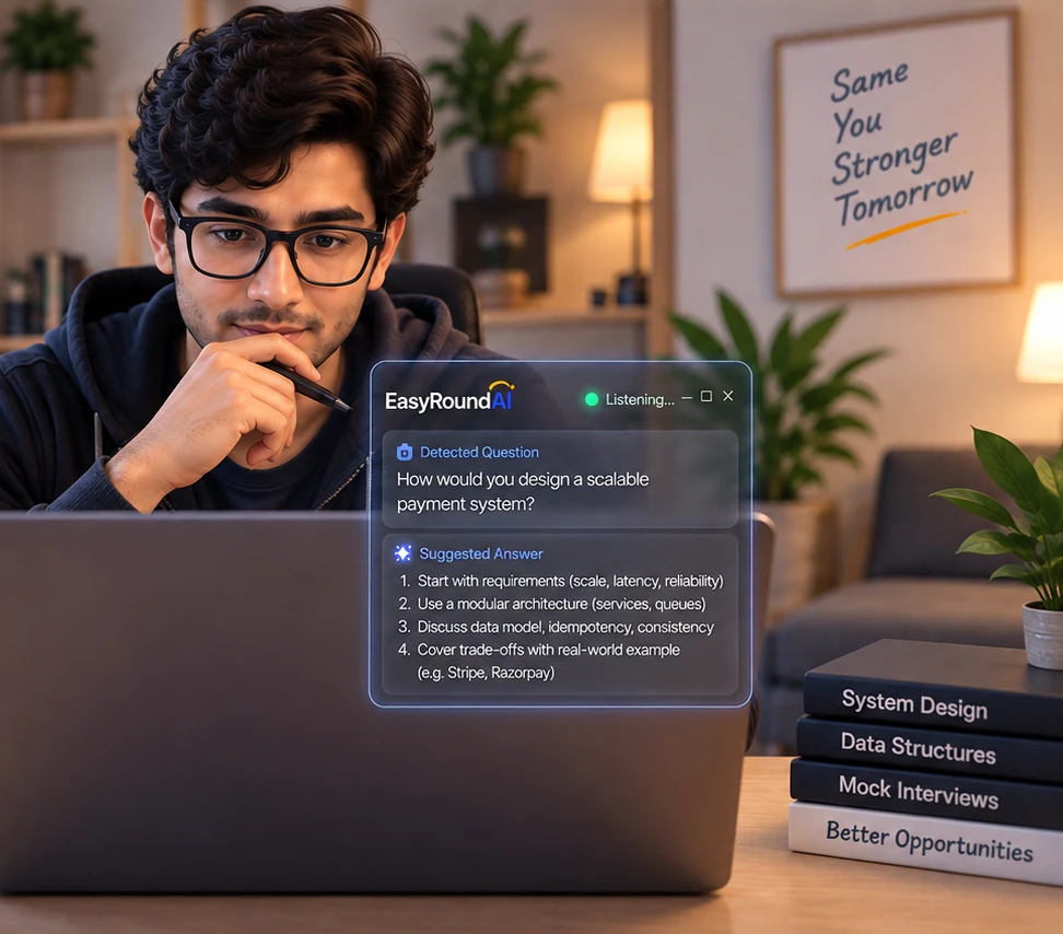 A candidate on a video call, laptop open, with the EasyRound overlay showing a detected interview question and a suggested answer.